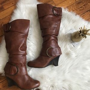 Pasaro Ivan Brown Buckle Women Wedge Mid Calf Boot